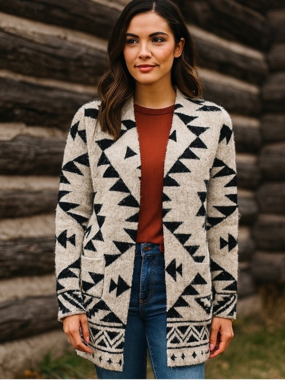 FRYE Cozy Cream & Black Geometric Open-Front Cardigan Sweater